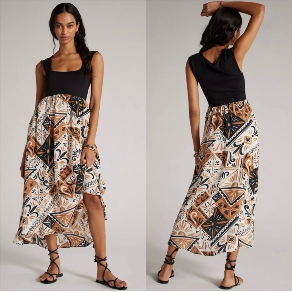 Anthropologie Sleeveless Printed Twofer Maxi Dress Black Brown Size Small Petite